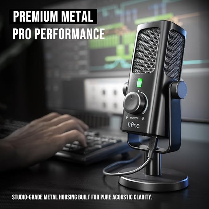 FIFINE USB-Podcast-Condenser-Microphone for Studio-Recording/Computer-Streaming, Desktop-Metal-Mic for YouTube Music Vocal Creation, with Monitor-Mix Volume-Control, Low-Cut Switch (PROFILE3)