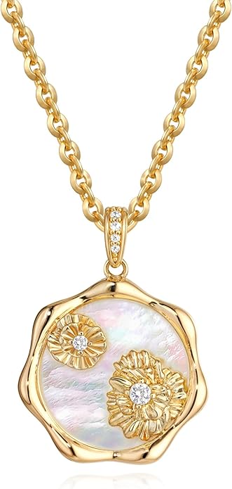 MTMY Birth Flower Necklace 14K Gold Plated Mother of Pearl Disc Birth Month Flower Pendant Necklaces for Women Personalized Custom Floral Jewelry Birthday Gift