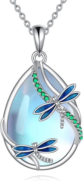 KQF Dragonfly/Butterlfy/Cat/Jellyfish/Bunny/Axolotl/Bee/Mermaid/Hummingbird/Elephant Necklace for Women Sterling Silver Moonstone Pendant Necklace Dragonfly Jewelry Gifts for Women