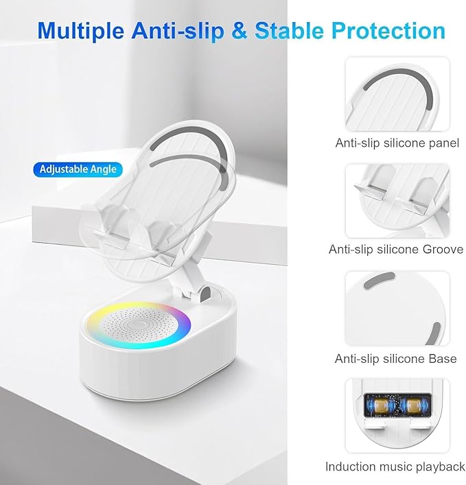 Wireless Induction Audio Bluetooth Speaker 5in1 Phone Holder Emergency Rechargeable (3000mAh) with Colorful Ambient Light 300° Foldable for Tablet iPhone Android, Gifts for Men Women (White)