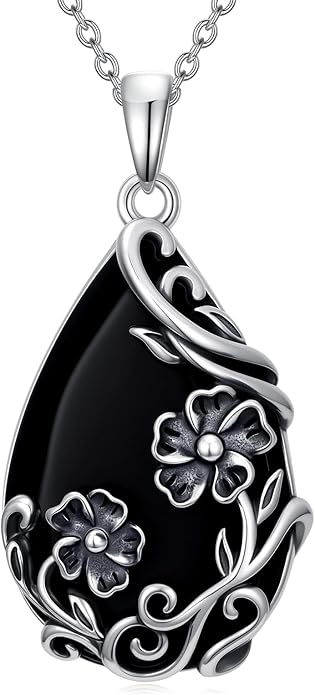 Black Onyx Necklace 925 Sterling Silver Flower Insect Pendant Teardrop Onyx Jewelry Valentines Day Birthday Gifts for Women