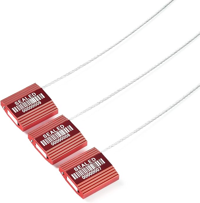 100 Red Steel Cable Seals With Barcode - High Security Numbered Truck Anti-Tamper Pull Tite Tags - Metal Container Shipping Self-Locking Safety Ties ISO 17712
