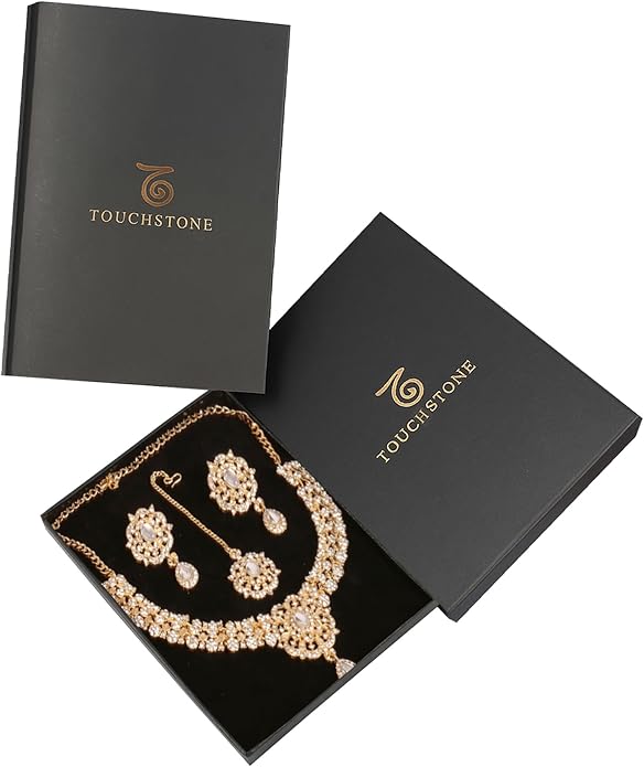 Touchstone Indian jewelry sets for women gold wedding tikka necklace set guest costume fancy bridal jewellery rhinestone crystal elegant formal prom evening wear dainty accessories