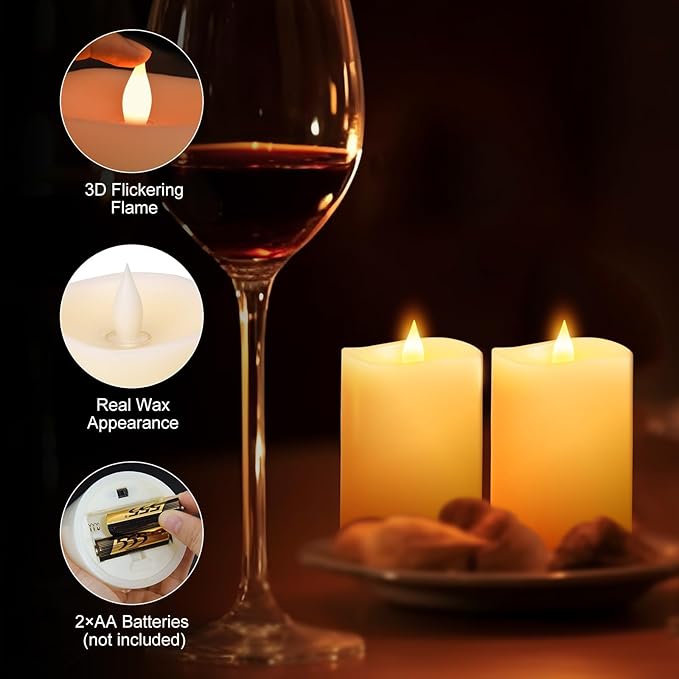 3x4 Flickering Flameless Candles Set of 2,Real Wax LED Battery Candles,with Timer,4 inch Flameless Candles with Remote,Battery Operated Candles,for Wedding Holiday Home Decor,Ivory