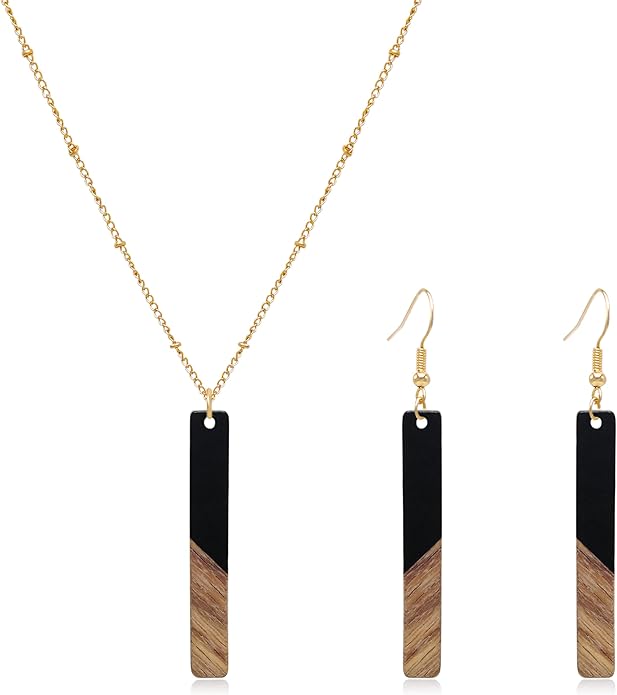 Bar Necklace Earrings for Women 16K Gold Plated Trendy Geometric Jewelry Set Boho Lightweight Wooden Resin Bar Pendant Necklace Dangle Earring Set,Gift for Her,Mom,Wife