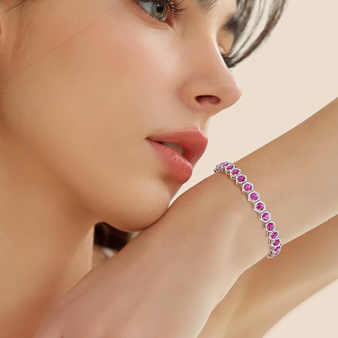 Birthstone Tennis Bracelets for Women Birthday Gifts 925 Sterling Silver Hexagon White Gold Bracelets Round Cut 5A Cubic Zirconia Prong Setting 7 Inch Anniversary Jewelry Gift