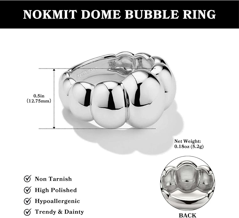 NOKMIT 14K Gold Filled Chunky Statement Rings for Women Cute Puffy Dome Croissant Thumb Band Non Tarnish Comfort Fit Size 5-10
