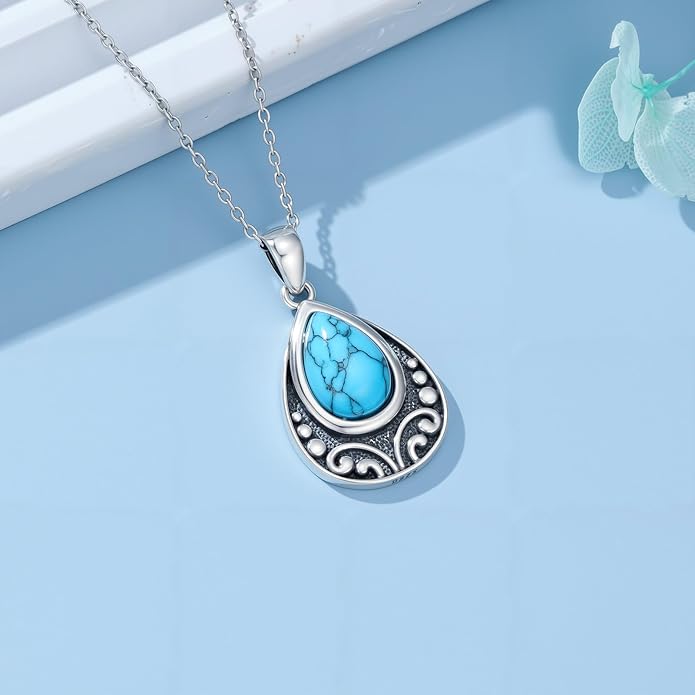 Natural Turquoise Necklace, 925 Sterling Silver Teardrop Pendant, Dainty Blue Gemstone Boho Jewelry Gift for Women