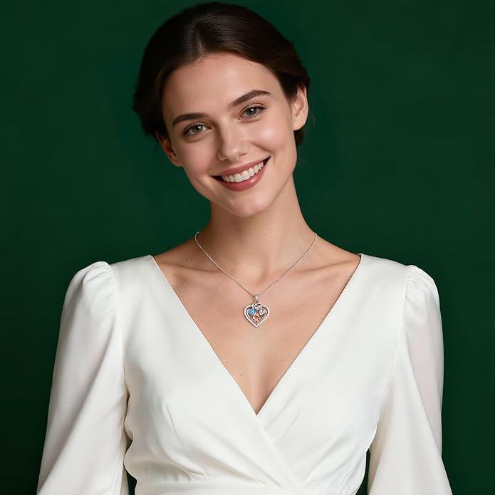 Iefil Valentines Day Gifts for Her - 925 Sterling Silver Double Heart Birthstone Necklace for Women, Anniversary Birthday Gifts for Wife I Love You Gift Couple Sitting Hugging Each Other Jewelry Gift