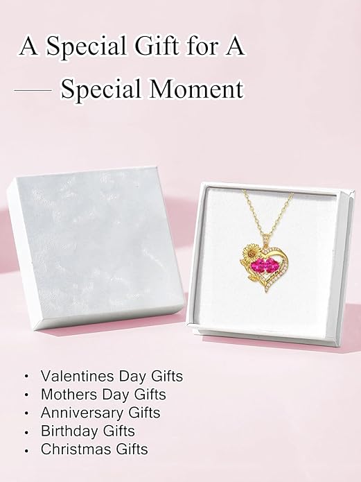 Sunflower Heart Necklace for Women 14K Gold Exquisite Valentines Day Anniversary Birthday Gifts for Wife Mother Her Double Birthstone Pendant Jewelry‘You Are My Sunshine’
