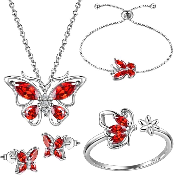 925 Sterling Silver Birthstone Butterfly Jewelry Women Crystal Animal Cute Butterflies Birthday Necklace/Earring/Ring/Bracelet Sets Birth Stone Statement Anniversary Jewellery