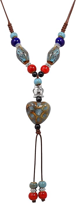 MINACHI Boho Hippie Colorful Ceramic Heart Bead Strand Necklace, Bohemian Summer Statement Jewelry Gift for Women