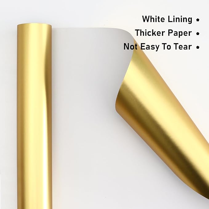 NESCCI Matte Metal Gold Wrapping Paper, Solid Color Paper-2 Roll,17.5 Inches X 32.8 Feet Per Roll,Gift Wrapping Paper,Perfect for Wedding,Valentine's Day,Birthday,Baby Shower,DIY Bouquet