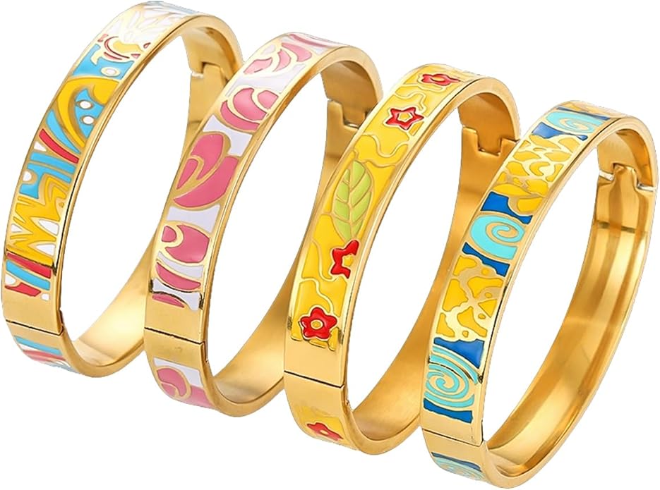 Enamel Bangle Set, 18K Gold Plated Stainless Steel, 4-Piece Bracelet Handcrafted Gorgeous Collection with Abstract and Floral Patterns, 6-7 Inch Wrist Size, Women's Fashion Jewelry