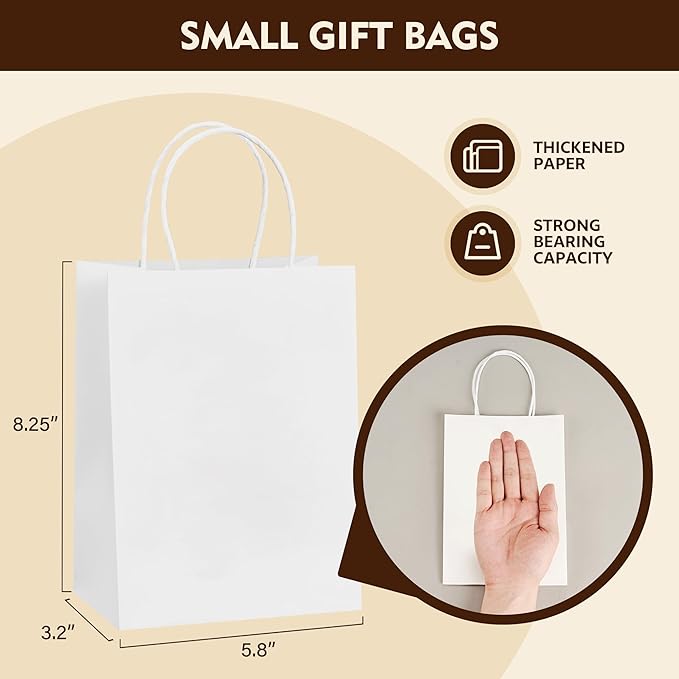 YEEHAW White Paper Bags with Handles Bulk 5.8"x3.2"x8.25" 100Pcs Gift Bags Small Size, White Gift Bags with Handles, Retail, Party, Shopping, Merchandise