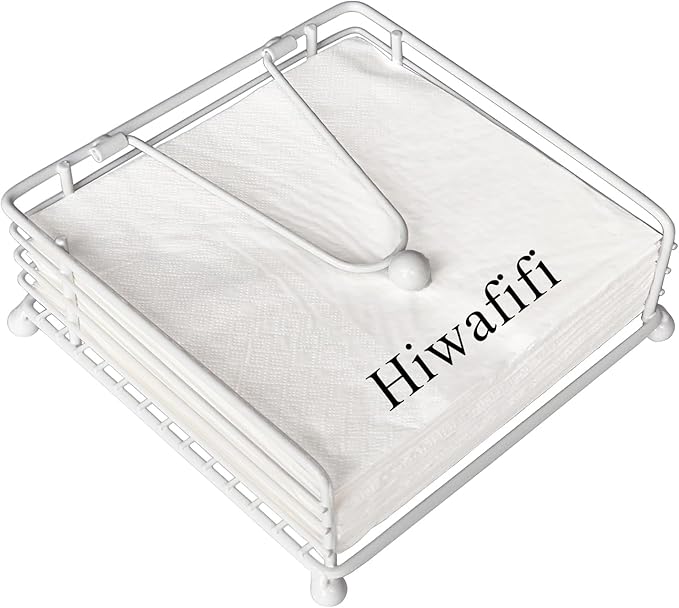 Napkin Holder for Table, Flat Napkin Dispenser with Weighted Arm, Square Cocktail Paper Holder of Elegant Rustic Iron for Kitchen Dining Room Decor Restaurant Farmhouse Hotel Party, White
