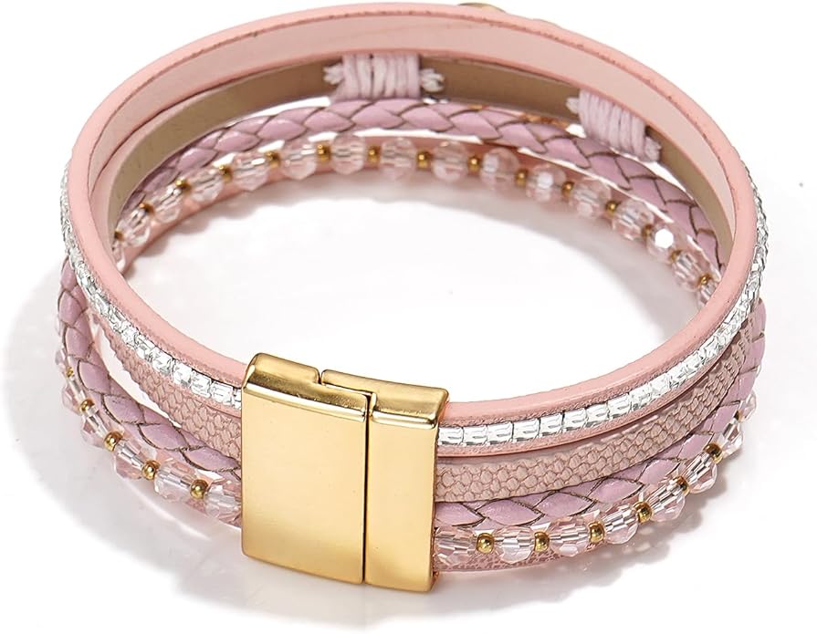 Suyi Multilayer Leather Wrap Bracelet Heart-Shape Wide Cuff Bracelets for Women