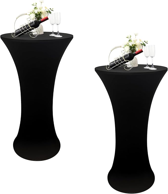 2PCS 24x43 Inch Round Fitted Cocktail Table Cover Black Spandex Cocktail Table Cloth Highboy Fitted Tablecloth High Top Table Cloths for Party Pub Banquet Bistro