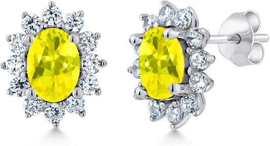 Gem Stone King 7X5MM Oval Gemstone Birthstone Stud Earrings For Women | Princess Diana Royal Halo Style | 925 Sterling Silver | Fine Jewelry Gifts for Anniversary Wedding Her Mom Women Wife