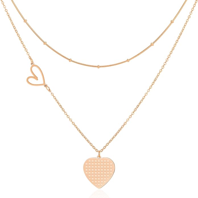 Linawe Layered Choker Heart Pendant Necklace for Women Trendy, Gold/Silver/Rose Gold Chain Stainless Steel Stacked Necklaces, Double Heart Necklace Y2K Preppy Jewelry