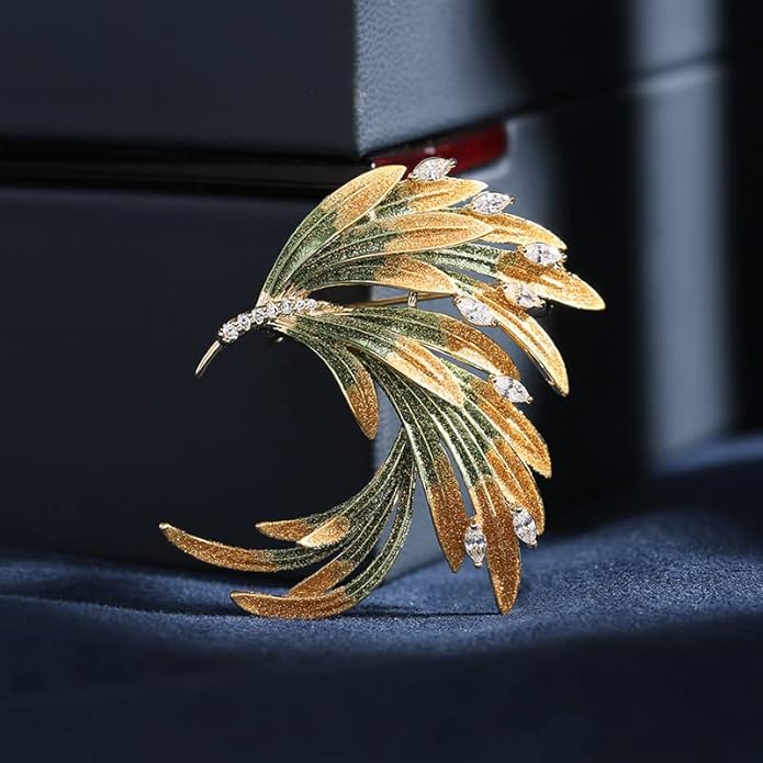14K Gold Phoenix Tail Feather Brooch, Sparkling Moissanite Enamel Brooch - Beautiful Brooch Jewelry Gift