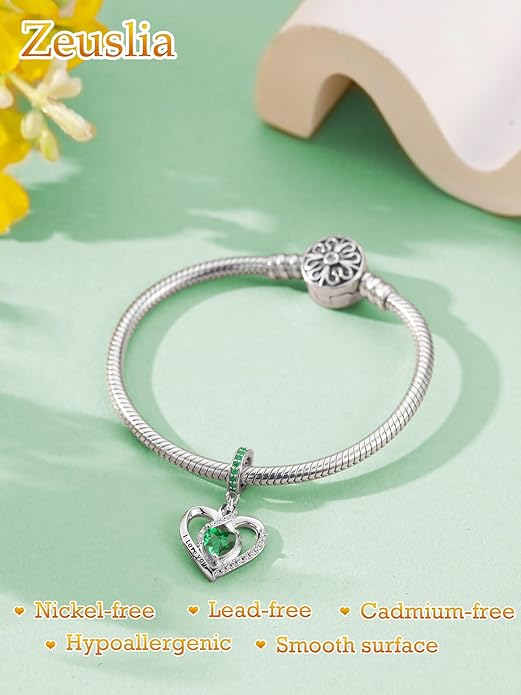 Heart Birthstone Charms for Bracelets, 925 Sterling Silver Women Bead Charms for Charm Bracelets Necklace, Mother's Day Birthday Anniversary Jewelry Gifts for Wife Mom Grandma Daughter