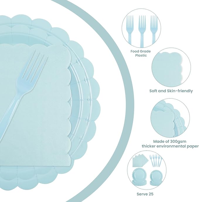 96PCS Blue Paper Plates and Napkins, 24 Guest Light Blue Disposable Tableware Set Include Scalloped Paper Plates Napkins and Forks Decoration Party Supplies for Baby Shower Wedding Birthday