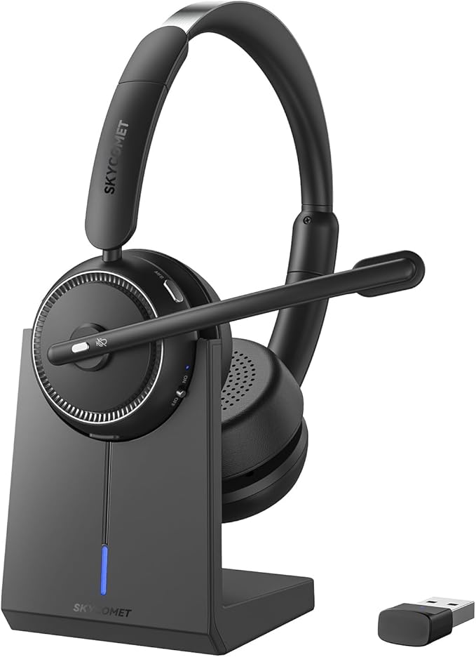 Wireless Headset with Mic for Work, Bluetooth Headset with Mic (AI Noise Canceling & Mic Mute), Wireless Headphones with USB Dongle & Charging Base for Work/Home/Call Center/PC/Computer/Zoom/Teams