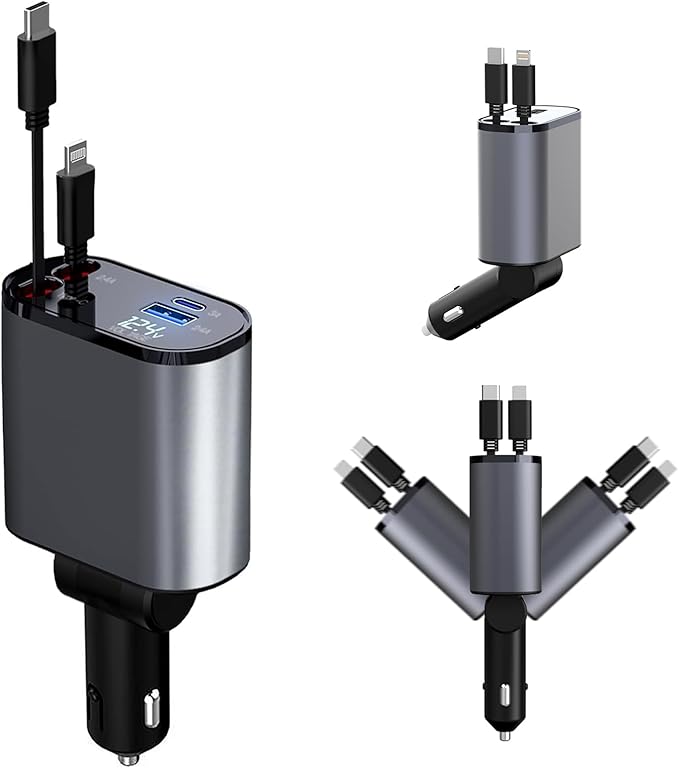 Retractable Car Charger, 66W 4 in 1 Super Fast Charging Car Phone Charger with 2 Retractable 31.5 Inch Cables and 2 USB Ports for iPhone 15/14/13/12/11, Galaxy, Pixel（S）