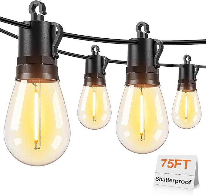 Brightever LED Outdoor String Lights, 75FT Patio Lights with 26 S14 Shatterproof LED Bulbs, Commercial Grade Waterproof String Lights for Outside, 2700K Dimmable Outdoor Lighting for Patio, Camping