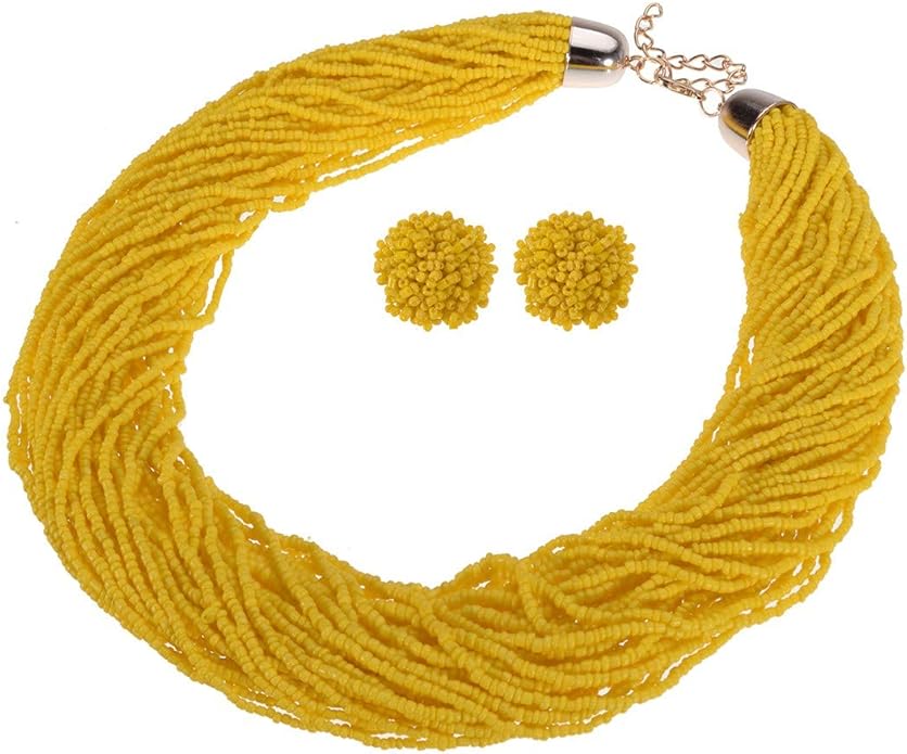 Fashion Multilayer Seed Bead Chain Choker Collar Necklace Earrings Set Cluster Strand Handmade Bib Statement Necklace