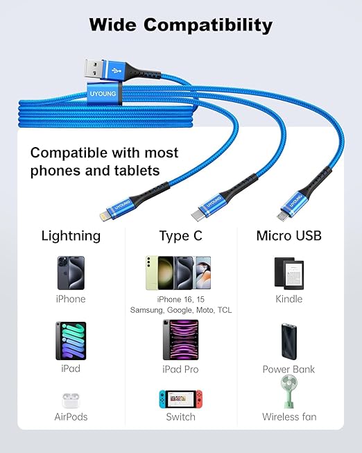 Multi Charging Cable 2Pack 6FT, 3 in 1 Charger Cable Braided Universal Phone Charging Cord with Lightning/Type C/Micro USB Ends, Multiple USB Cable for iPhone/Samsung/Google Cell Phones and More