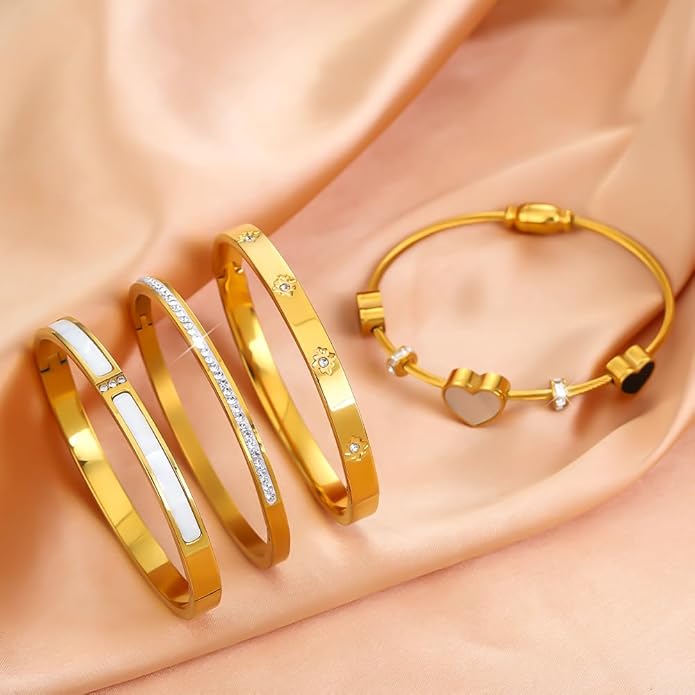 ZhiRui Women's 18K Gold Plated Stackable Bracelet Set - Waterproof Mother of Pearl Heart Cubic Zirconia Jewelry Gifts for Women