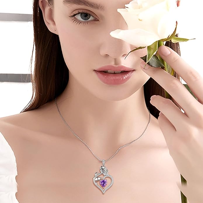 Jewmon Valentine Day Gifts for Her Rose Heart Birthstone Necklace for Women 925 Sterling Silver Birth Stone Flower Rose Necklace Anniversary Love GIfts for Girlfriend Wife Mom Birthday Gifts for Her