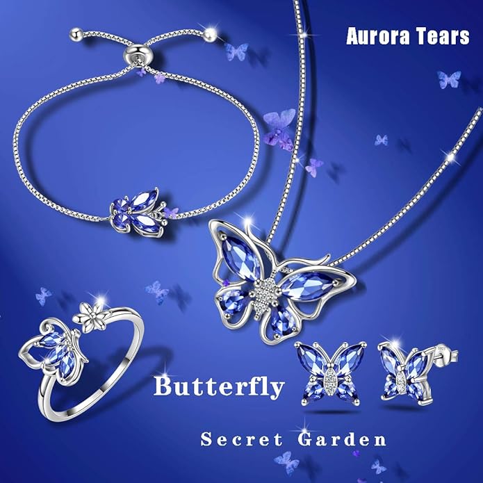 Aurora Tears Butterfly Jewelry,Women 925 Sterling Silver Butterflies Birthstone Pendant Necklace/Earrings/Rings Wedding Gift