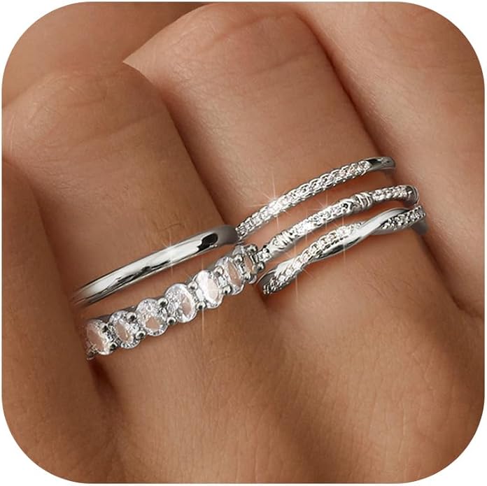 Dochais 5PCS Stackable Gold Silver Rings for Women, Non Tarnish Dainty Cubic Zirconia Rings, 14K Gold Plated Minimalist Wedding Band Rings Set, Trendy Statement Stacking Rings Size 5-10