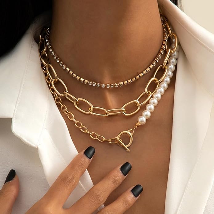 Women Multilayer Silver Gold Dainty Pearls Layered Choker Necklaces Handmade Beads Fashion Chunky Pendant Multilayer Adjustable Layering Chain Gold Plated Necklaces Set for Women