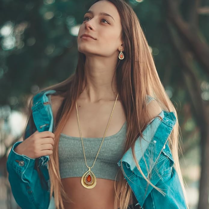 Madison Tyler Gold Plated Jewelry Set for Women | Silver Teardrop Pendant Necklace Trendy | Long Necklace with Snake Chain | Fashion Dangle Earring Set