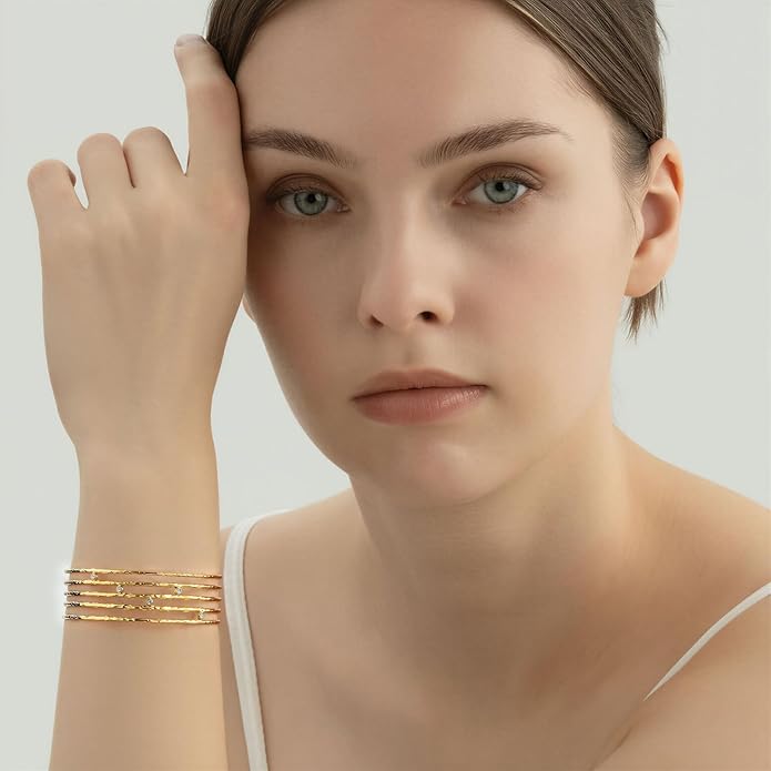 14K Gold Plated Textured Cuff Bracelet for Women - Modern Multi-Band Stainless Steel with Preciosa Crystals
