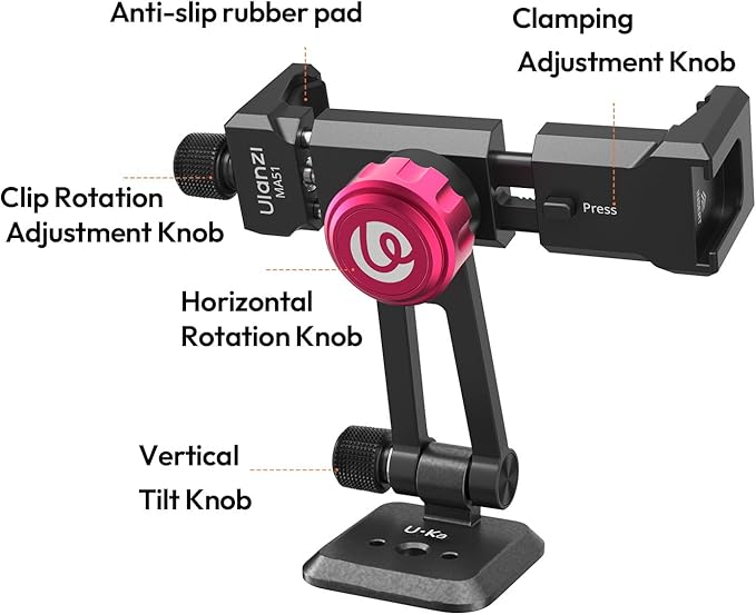 ULANZI MA51 Metal Phone Tripod Mount, Phone Clamp with Arca UKA Base, Cold Shoe, Arri Locating Holes, 360° Swivel 180° Tilt, Cell Phone Holder Compatible with iPhone 17 16 15 14 Samsung Cell Phone