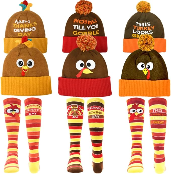 CAMIRUS 6PCS Thanksgiving Turkey Trot, 3Pcs Beanie Hat and 3Pcs Socks Thanksgiving Day Turkey Beanie Hat for Adults Men Women