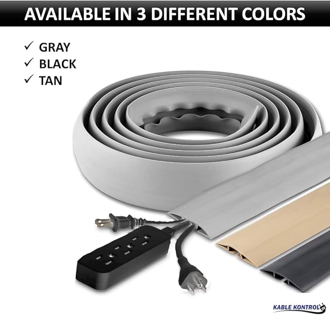 Kable Kontrol Floor Cord Cover kit - 15 Feet Long Gray Plastic Cable Protector, Hides Cords and Conceals Wires, for Extension Cord Cable Management, Channel Size 0.75” W x 0.43” H
