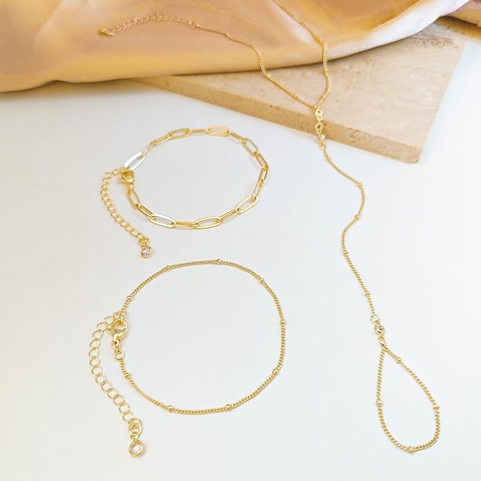 My Queen Gold Bracelets for Women 14K Gold Plated Dainty Stackable Hand Chain Bracelet Trendy Ring Chain Bangle Cuff Bracelets Adjustable Body Jewelry Set Gifts
