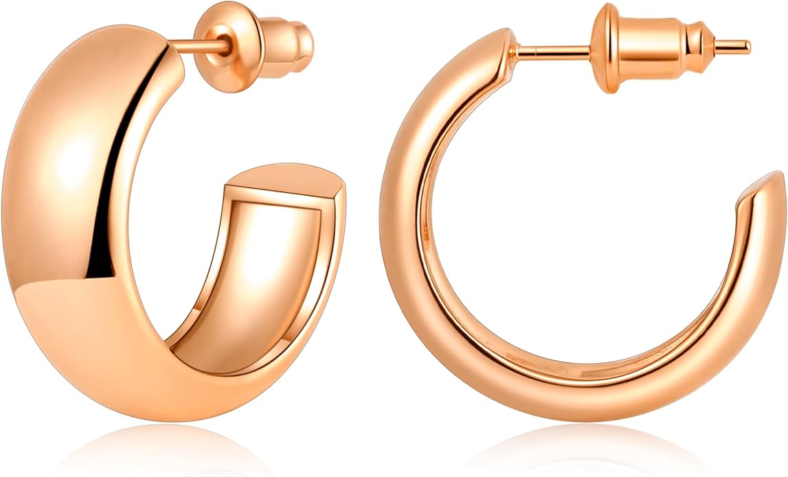 Gamicy Small 14K Gold Plated Hoop Earrings for Women with 925 Stering Silver Post, 14K Real Gold Plated Chunky Lightweight Hoops Earrings