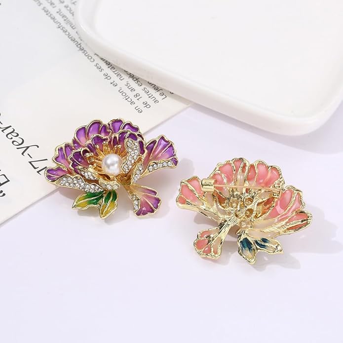 3Pcs Peony Flower Brooch Pin for Women Elegant Enamel Floral Brooch Set Dainty Cubic Zircon Pearl Lapel Pins Flower Pins for Clothes Hat Dress Accessories Prom Jewelry