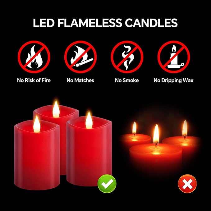 3x4 Flickering Flameless Candles Set of 3,Real Wax Pillar led Candles Flickering,4 inch Flameless Candles with Remote,for Party Wedding Holiday Home Decor,Red