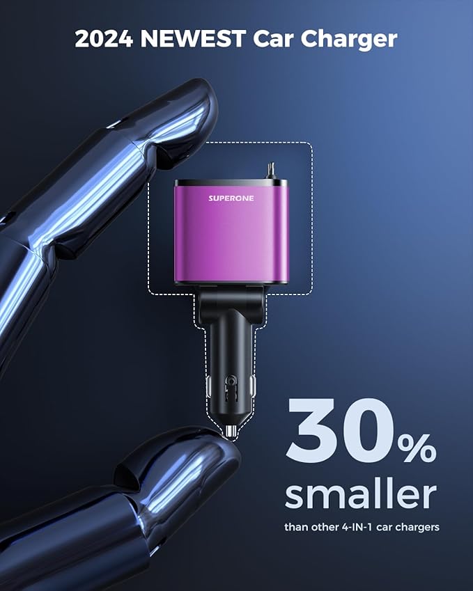 [2024 Upgraded] 4 in 1 Retractable Car Charger, SUPERONE Smaller Fast Car Phone Charger 69W with Cord, USB C and iPhone Car Charger Adapter, Compatible iPhone 15/15 Pro Max/14/13/12/11, Sumsung