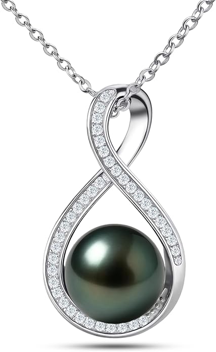 Genuine Tahitian Black Pearl Necklaces for Women, 9-12mm AAAA Seawater Pearl - Sterling Silver Moissanite Pendant, Wedding Anniversary, Birthday, Christmas Gift for Wife, Mom, Girlfriend, Fine Jewelry