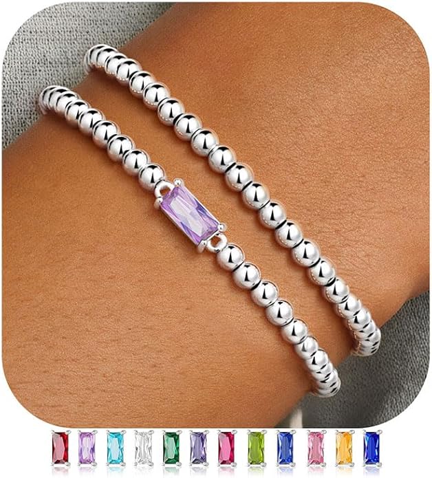 Ursteel Valentines Gifts for Her Kids Girls, Elastic Birthstone Bracelet for Women 14K-Gold-Plated Beaded Bracelet Non Tarnish Trendy Birthstone Jewelry Birthday Gifts for Women