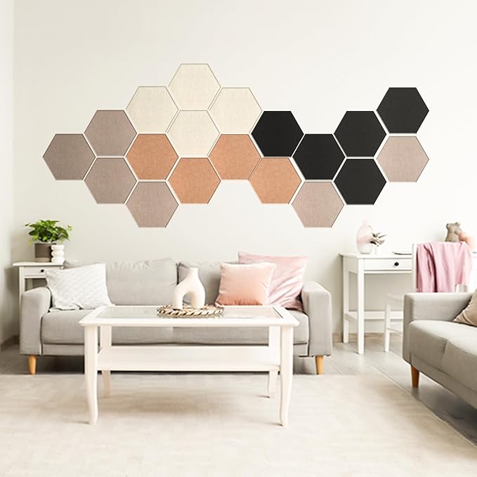 Mollywell Hexagon Acoustic Panels, High Density, Soundproofing, Decorative Noise Reduction Felt Wall Tiles for Studio, Home, Office (Deep Camel, Deep Brown, Black, Light Camel), 14x12x0.4 Inch